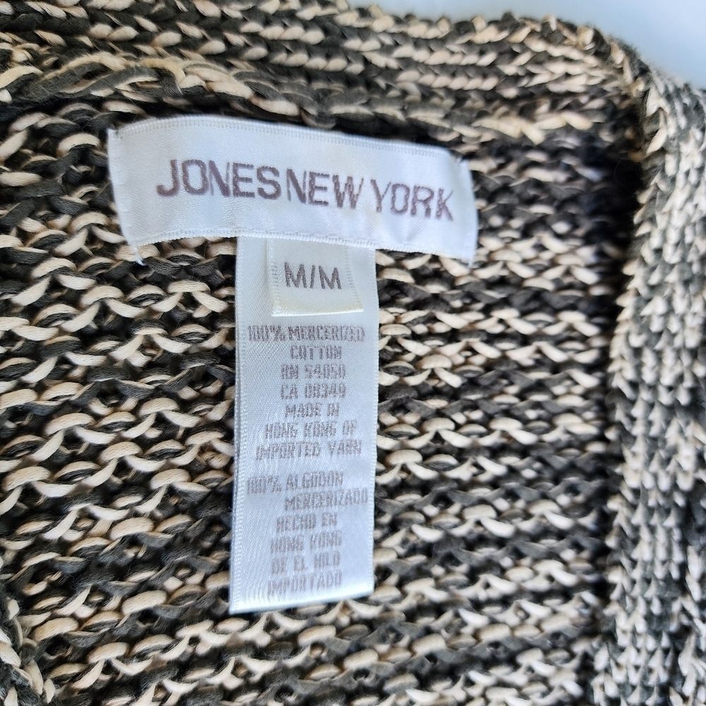 JONES NEW YORK Mercerized Cotton Olive Green Beige Sweater Chunky Cardigan Top M - Picture 10 of 14